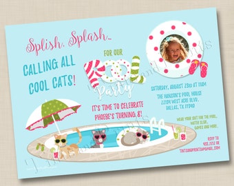 Cool Cats Pool Party Custom Birthday Party Photo Invitation Design - any age