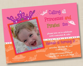 Princess Tiaras and Pirate Hats Custom Birthday Party Invitation Design- any age