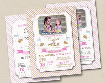 Girlie Glitter Cookies and Milk Custom Birthday Party Photo Invitation Design- single or dual birthday with or without photo