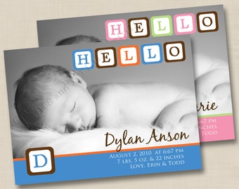 Baby Blocks Hello Custom Photo Birth Announcement or Baby Shower Invitation Design