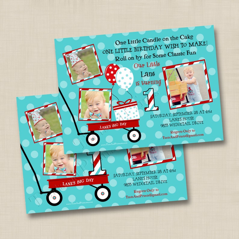 Little Red Wagon Custom Birthday Party Photo Invitation Design any age image 1