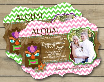 Ornate Die Cut Custom Luau Engagement Party Photo Invitation or Save the Date Photo Announcement Design