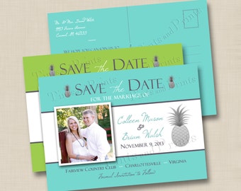 Pineapple Destination Wedding Save the Date Postcard Design double sided - choose your wedding color