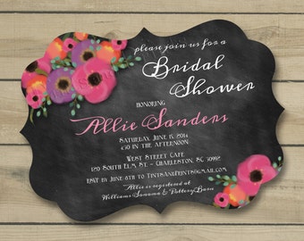 Ornate Die Cut Chalkboard & Watercolor Posies Custom Bridal Shower Invitation Design- or any occasion