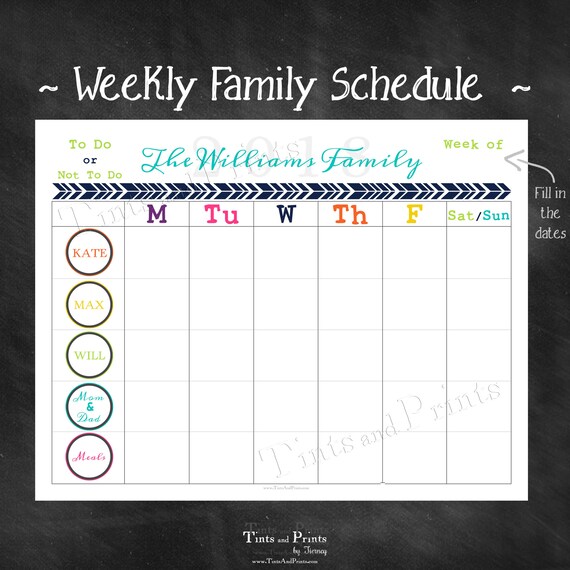 Personalized Weekly Family Schedule 2018 Calendar Or Chore Etsy
