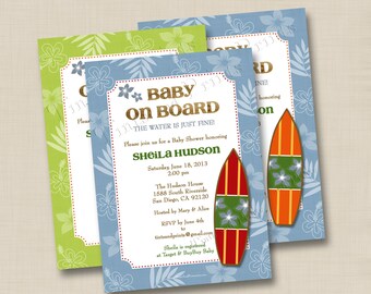 Baby on Board Surfboard Custom Baby Shower or Engagement Party Invitation Design - or any occasion