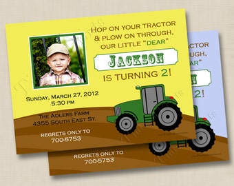 Hop On Your Green Tractor Custom Birthday Party Photo Invitation Design - any age