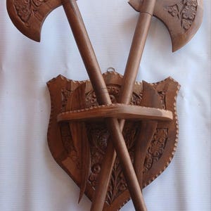 Hand Carved Wooden Axe Wall Plaque: Rustic Warrior Decor