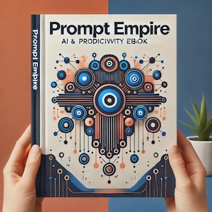 Könnte beinhalten: Ein Buch mit dem Titel "Prompt Empire" und dem Untertitel "AI & Productivity E-book". Das Cover zeigt ein geometrisches Design in Blau-, Orange- und Schwarztönen. Der Buchrücken zeigt ebenfalls den Titel. Das Buch wird von zwei Händen gehalten.