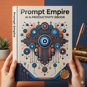 May include: A hardcover book titled "Prompt Empire AI & Productivity Ebook" with a beige cover. The cover features a geometric design in shades of blue, copper, and white. A gold seal reads "Premium Quality".