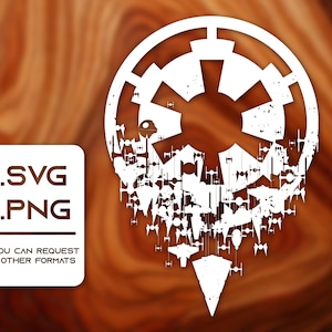 May include: A white silhouette of the Star Wars Imperial symbol with a distressed texture. The symbol is made up of many smaller TIE fighter silhouettes.