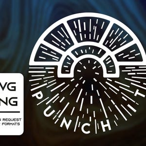 Puede incluir: Diseño gráfico en blanco y negro de un sol estilizado con la palabra "Punch" escrita alrededor del círculo.