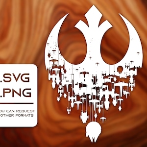 May include: A white silhouette of the Rebel Alliance symbol from Star Wars. The symbol is made up of many small X-wing fighter ships.