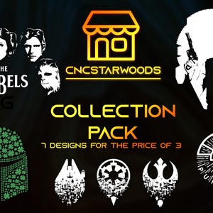 Peut inclure: Pack de collection de motifs sur le thème de Star Wars. Comprend des portraits de personnages, des logos et des illustrations en blanc sur fond sombre. Le texte comprend "The Rebels", "Collection Pack" et "7 designs for the price of 3".