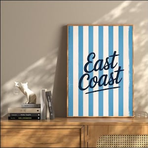 East Coast Wall Art Printable Coastal Poster Blue Stripe Typography Digital Download Nautical Beach House Summer Decor File