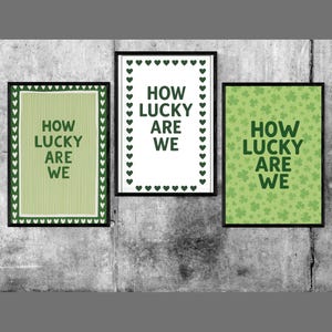 Set Of 3 How Lucky Are We Quote PNG Digital Print Green Stripe Aesthetic Wall Art Preppy Home Decor Instant Download Poster