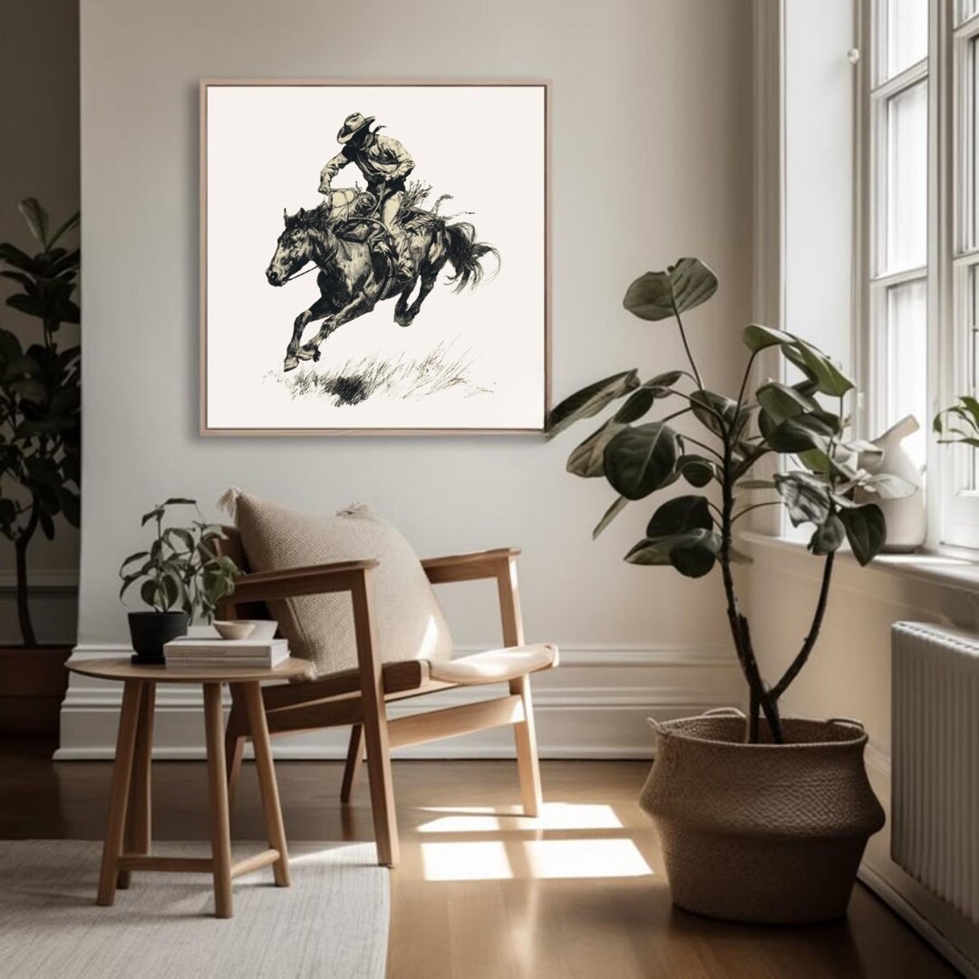 Western Cowboy Sketch Printable Art Vintage Horse Rider Wall Decor Mid ...