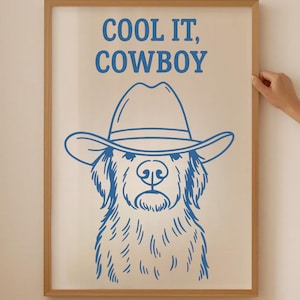 Western Dog Retro Art Print Cool It Cowboy Blue Wall Decor Funky Vintage PNG Digital Instant Download