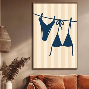 Bikini Hanging On Line Wall Art Printable Beach Room Decor Summer Minimal Poster Neutral Stripe Background Coastal Laundry Illustration