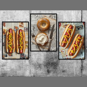 Set of 3 Hot Dog Print Art New York Style Food Wall Decor Original Newspaper Print Kitchen Artwork NYT-Inspired Dining Room Instant Download