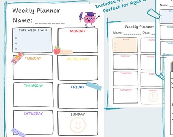 Weekly Planner for Kids Printable | 4-Page PDF | Goal Tracker, Daily Planner, and Coloring Page | Ages 6–10