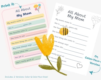 Mother’s Day Printable | All About My Mom Worksheet | Gift From Kids | Instant Download