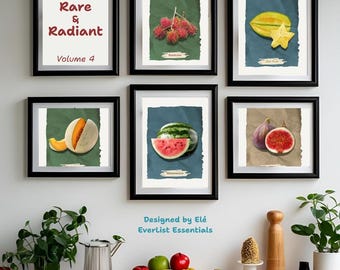 Botanical Fruit Wall Art Set – Volume 4: Rare & Radiant – 5 Printable Kitchen Art Prints – PNG Files – 4000x5000px – Digital Download