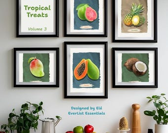 Botanical Fruit Wall Art Set – Volume 3: Tropical Treats – 5 Printable Kitchen Art Prints – PNG Files – 4000x5000px – Digital Download