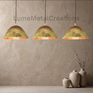Set Of 3 Oxidized Copper Pendant Lights, Fully Customizable Sizes, Rustic Industrial Home Decor, Handmade Set of Green Patina Copper lamps