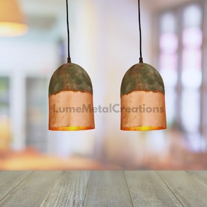 Set of 2 Green Patina Copper Pendant Light, Handcrafted Green Patina Long Ceiling Lights,Set Of Two Oxidized Copper Farmhouse Kitchen island