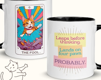 Cat Tarot Mug, Quirky “Fool” Design, Witchy Cat Cup, Mystical Coffee Mug, Cute Cat Gift, Spiritual Cat Lover Favorite!