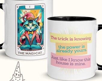 Kubek z kartami tarota „Magi-cat”, kubek do kawy z czarownicą, projekt karty tarota maga, magiczny koci kubek, prezent dla miłośników kotów i mistyków