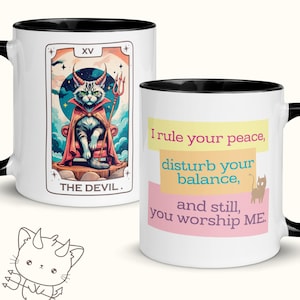 Kat tarotmok "The Devil", krachtige katachtige tarotbeker, duivelkaartontwerp met grappig citaat, cadeau kattenliefhebber, mystieke koffiemok
