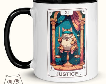 Whimsical Cat Tarot Mug “Justice”, Bold Quote Tarot Cat Cup, Justice Card Mug for Cat Lovers, The Original Tarot Cat Coffee Mug