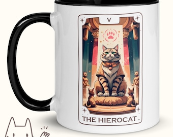 Taza de Tarot de Gato "El Hierofante", Divertida Taza de Tarot Felino, Parodia de la Carta del Hierofante, Regalo para Amantes de los Gatos, Taza Mística Espiritual con Cita