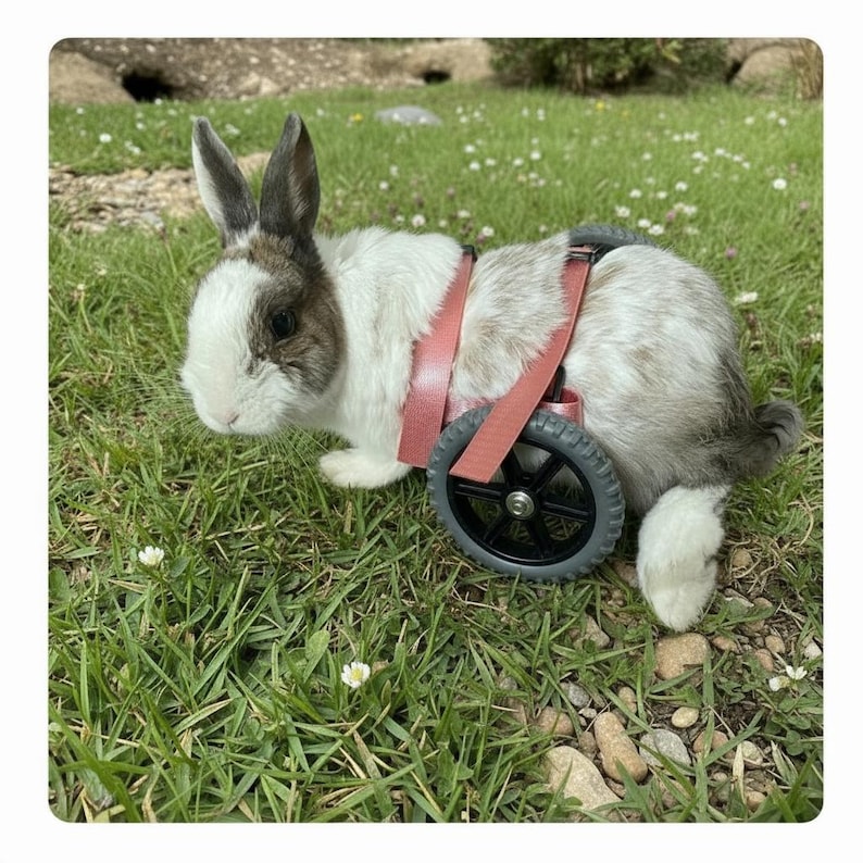 May include: A white and brown rabbit wearing a pink harness attached to a mobility device. The device features two black wheels with grey tires, supporting the hindquarters of the rabbit while it stands on a patch of green grass and small white flowers.
