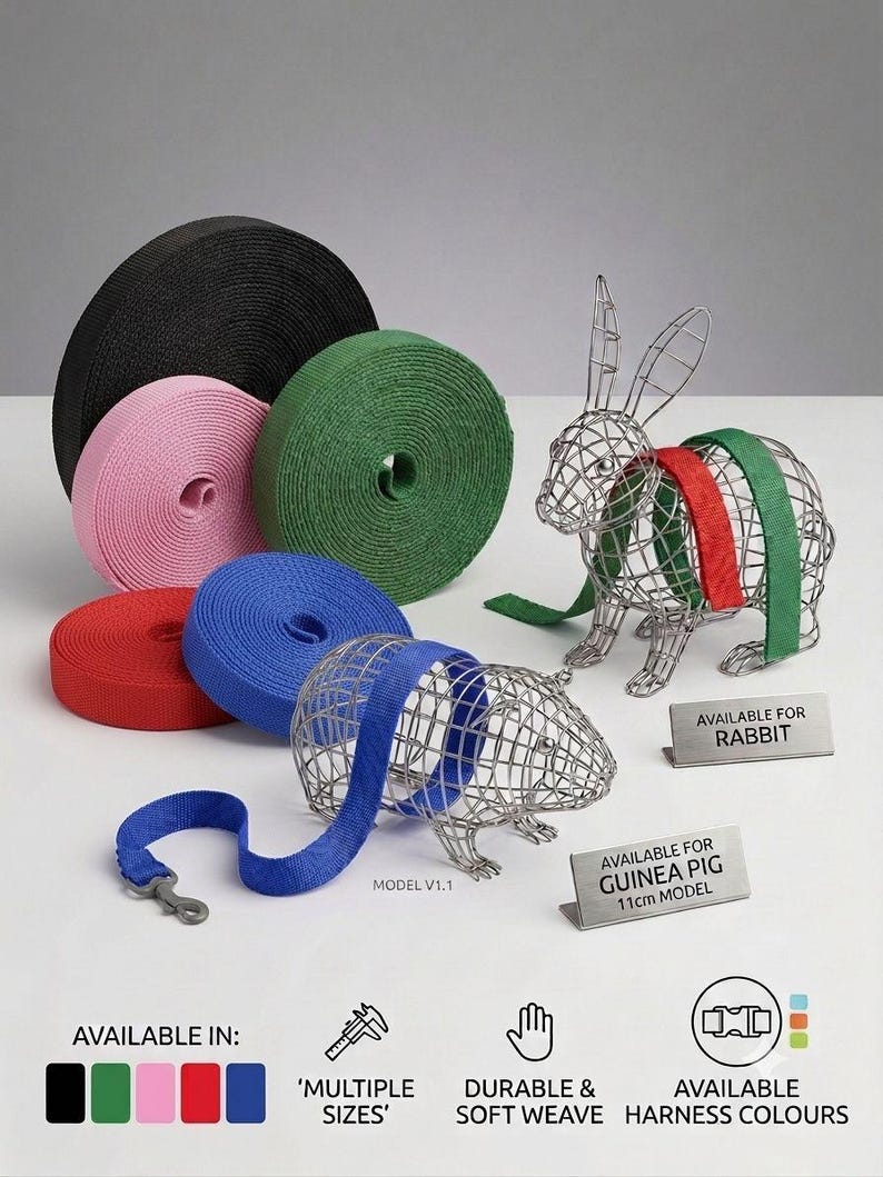 May include: Multiple rolls of nylon webbing in black, pink, green, red, and blue. Two wire animal sculptures, a rabbit and a guinea pig, are displayed with webbing straps. Small signs read AVAILABLE FOR RABBIT and AVAILABLE FOR GUINEA PIG 11cm MODEL.