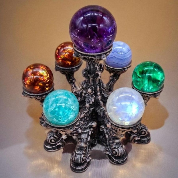 Gothic 7 Crystal Sphere Holder, Dark Academia Altar Decor, Witchy Sphere Display Stand, Gemstone