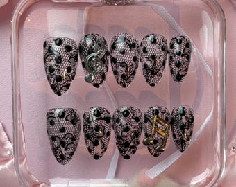 Polka Dot Lace Coquette Handmade Press-On Nail Set