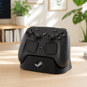 Könnte beinhalten: Ein schwarzer kabelloser Gamecontroller mit zwei Analogsticks, einem Steuerkreuz, vier Aktionstasten mit der Beschriftung A, B, X und Y sowie zwei Touchpads. Der Controller steht in einer schwarzen Ladestation mit dem weißen Steam-Logo.