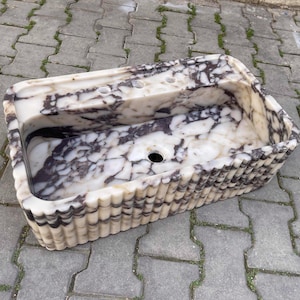 Lavandino rettangolare in marmo di lusso – Design scanalato / Lavandino da bagno in pietra naturale / Lavandino in marmo unico, personalizzato e fatto a mano
