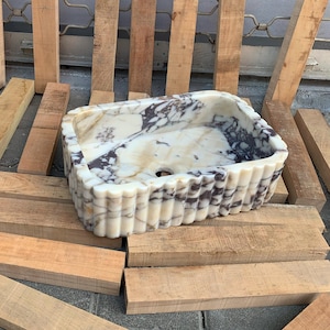 Rectangular Custom Marble Sink, Marble Calacatta Viola Vessel Sink Stone Bathroom Vanity Basin Ribbed Countertop (18x12x5&quot;)(46x31x13cm)