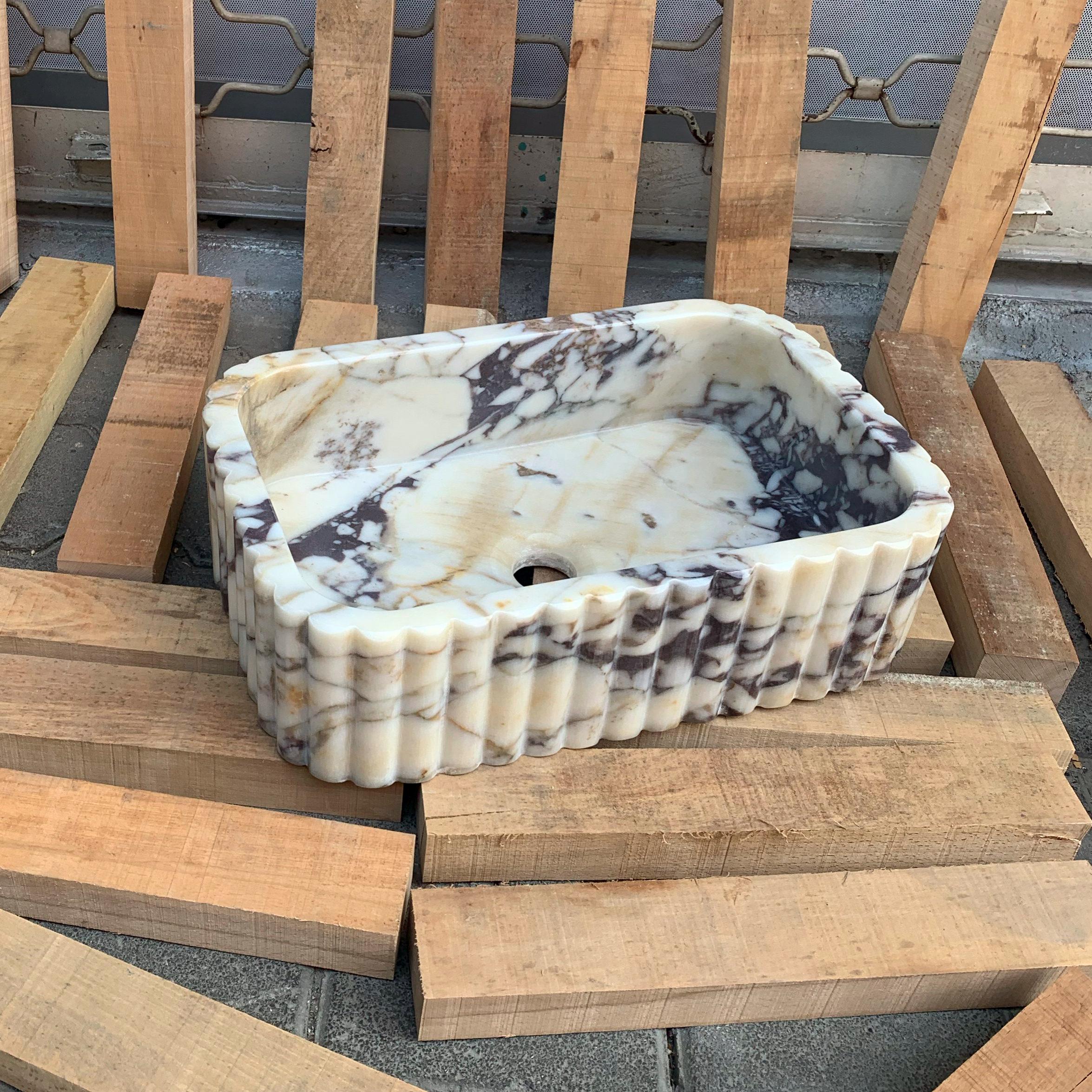 Rectangular Custom Marble Sink, Marble Calacatta Viola Vessel Sink Stone Bathroom Vanity Basin Ribbed Countertop (18x12x5")(46x31x13cm)