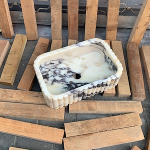 Grooved Custom Marble Sink, Handcrafted Marble Calacatta Viola Vessel Stone Bathroom Vanity Basin Ribbed Countertop. (18x12x5&quot;) (46x31x13cm)