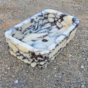 Rectangular grooved custom marble sink – Handcrafted stone vessel sink with unique calacatta veining. Calacatta viola, Bathroom vanity sink