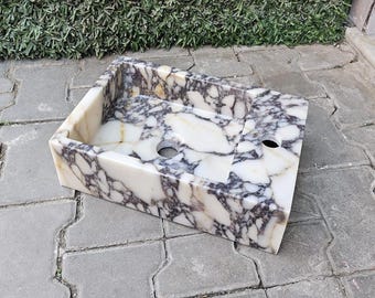 Small marble sink with side faucet hole – Space-saving stone basin for compact bathrooms - Custom rectangular calacatta viola marble sink