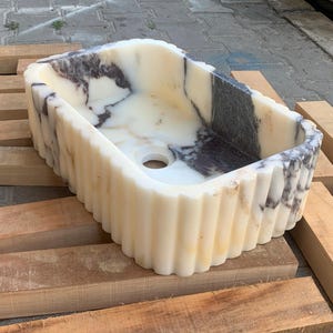 Marble Vessel Sink Handcrafted Stone Bathroom Vanity Basin Ribbed Countertop