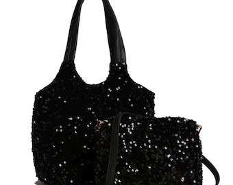 Black Sequin Shoulder Bag Set with Leather Handle – Sparkly Tote + Matching Pouch