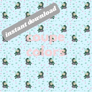 May include: A seamless pattern featuring green frogs sitting in rocking chairs, reading books, with pink flowers and green leaves on a light blue background. The text "instant download" and "coupe colors" is superimposed on the pattern.