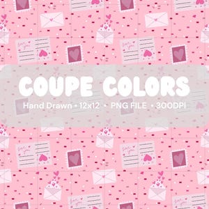 以下が含まれることがあります： ピンクと白のシームレスパターン。ハートが描かれた封筒、切手、メモが特徴です。「COUPE COLORS」の文字が大きな白い文字で表示され、その下に「Hand Drawn 12x12 PNG FILE 300DPI」と書かれています。バレンタインデーに最適です。